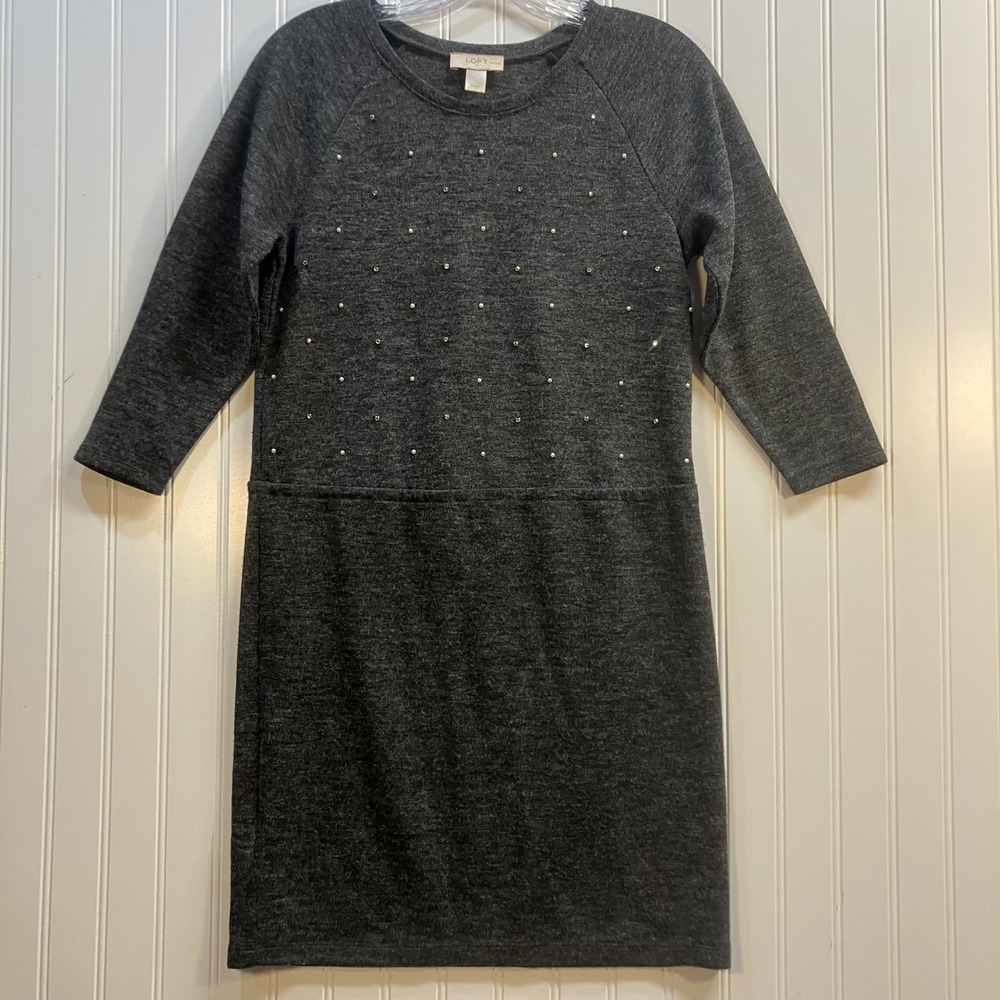 LOFT Petites Gray Heather Knit Pearl Rhinestone Sheath Dress XXSP 3/4 Sleeve